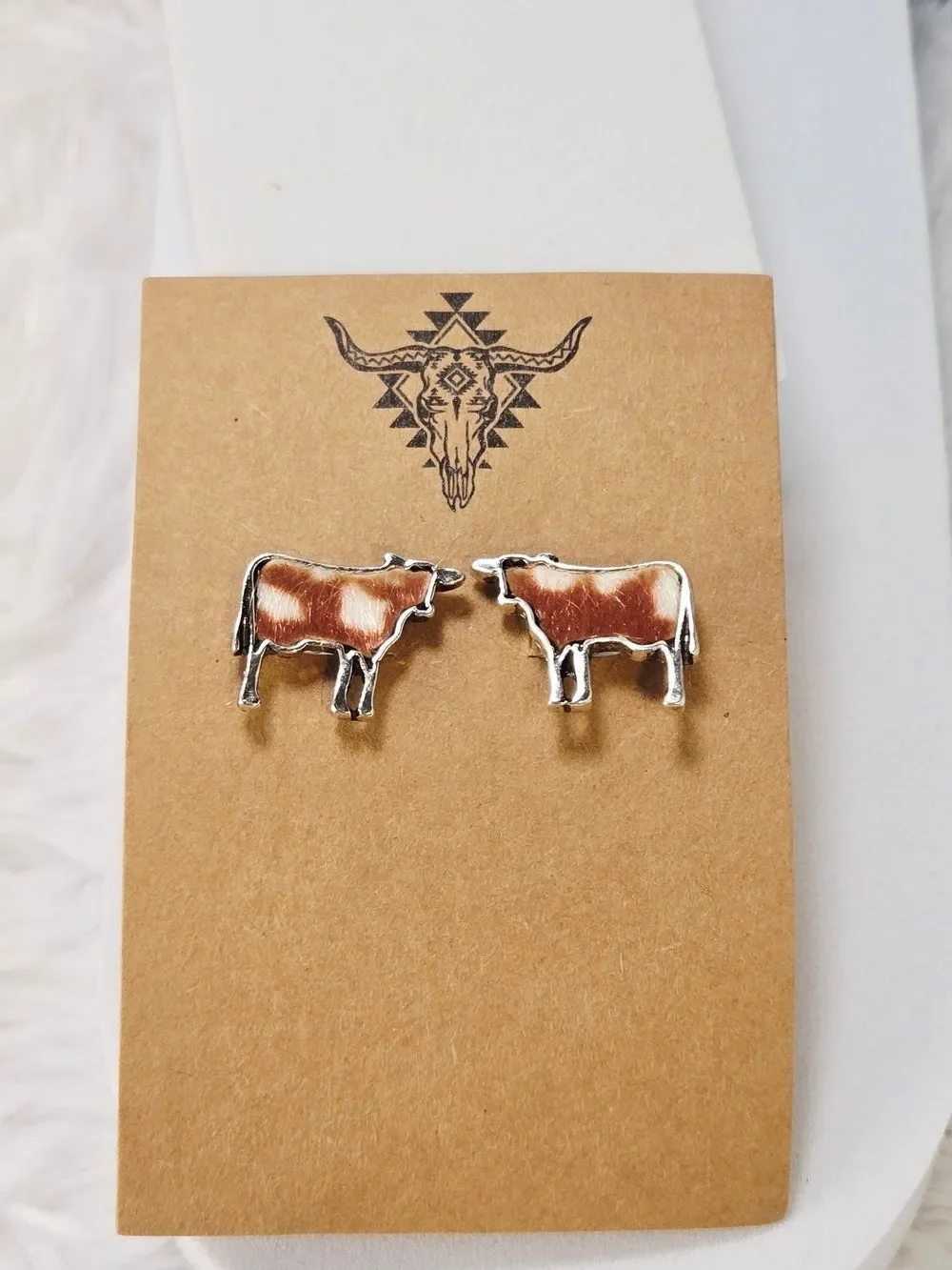 Cow Stud Earrings Brown Cowhide Western Ranch Jewelry Farmhouse Rustic Ranch